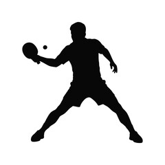Silhouette of a male athlete playing table tennis with a paddle and ball isolated on white background