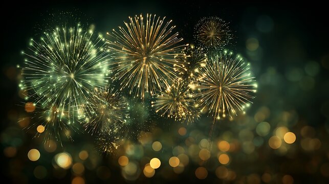 Green and gold vintage fireworks with glowing bokeh lights on festive night background