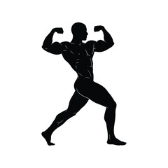Silhouette of a muscular bodybuilder flexing muscles in a pose isolated on white background