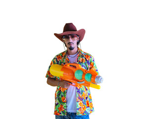  man wearing a c Hawaiian shirt and cowboy hat holding a water gun ideal for Songkran festival, summer party, or holiday celebration  on transparent background