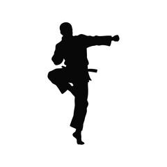 Silhouette of a martial artist performing a dynamic kick in a karate uniform isolated on white background