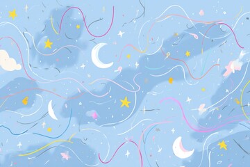 Cute abstract dreamscape with floating stars, crescent moons, and squiggly rainbow trails on light blue 
