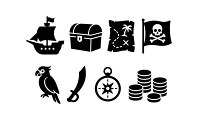 Fototapeta premium Pirate adventure icons: treasure, maps, ship, and more in bold silhouette style