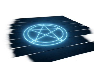 Glowing blue pentagram symbol on wooden planks at night, deck with magic symbol and transparent background