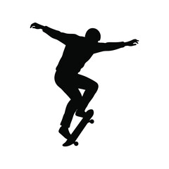 Silhouette of a skateboarder performing a trick in mid air isolated on white background