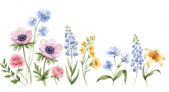 Aquarelle fleurs pastel d�licates fond blanc lumineux. AI Generated