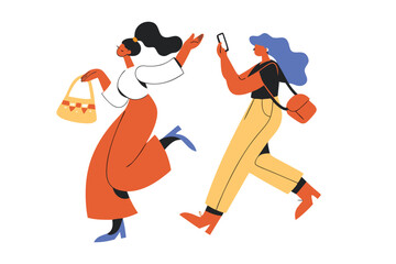 Fototapeta premium Group of fashionable women in motion, holding modern objects, minimal flat illustration