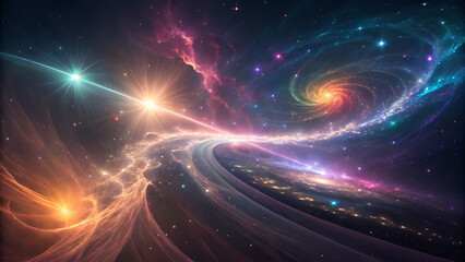 Fototapeta premium A swirling nebula dances across the cosmos, illuminated by radiant stars and vibrant colors, creating a breathtaking spectacle of cosmic energy and celestial beauty