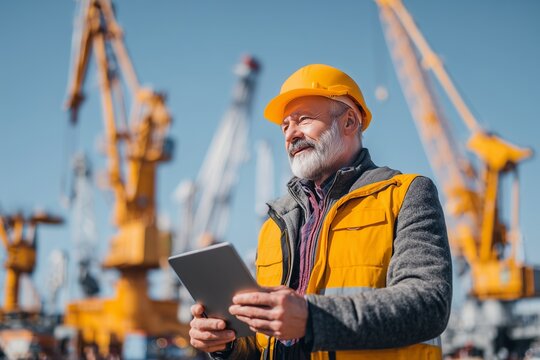 Engineer uses digital tablet to oversee construction site with cranes against a clear blue sky in a busy urban environment focused on project management and planning