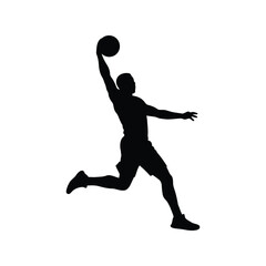 Silhouette of a basketball player dunking a ball isolated on white background