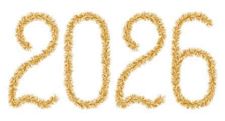 Tinsel. 2026. Lettering from festive Christmas decoration. Fluffy numbers. Golden color. Vector illustration. Isolated background. Cute plush message. Coming year. Rustling lettering. 