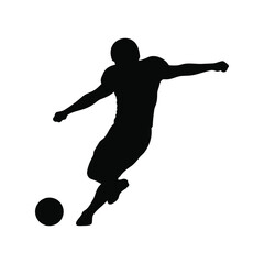 Silhouette of a soccer player kicking a ball in action isolated on white background