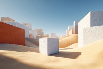 Minimal cybernetic diagram with floating nodes, wireframe cubes, and subtle data waves in motion