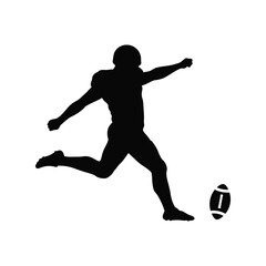 Silhouette of an american football player kicking the ball isolated on white background