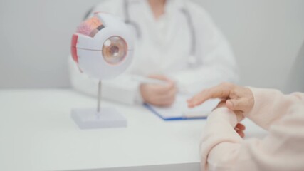 Elderly Patient consulting Doctor to Eye disease, Senior Medical Diagnosis. Anatomy Eye model for Cataract, Glaucoma, Age Related Macular Degeneration, Diabetic Retinopathy, Vitreous, health concept