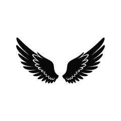 Pair of detailed black angel wings spread open isolated on white background