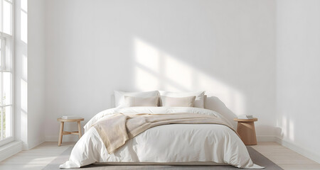 Interior, empty wall mockup of minimalist bedroom interior with a comfortable bed, natural light streaming through the window, and cozy decor 3d render real template