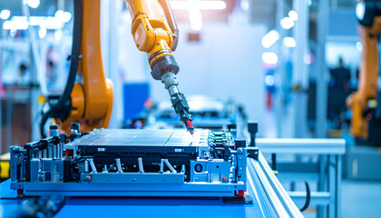 Robotic Arm in Manufacturing Process: Precision and automation merge as a robotic arm expertly handles components within a modern factory.