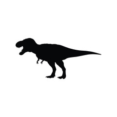 Black silhouette of a tyrannosaurus rex dinosaur standing on a white background isolated on white background