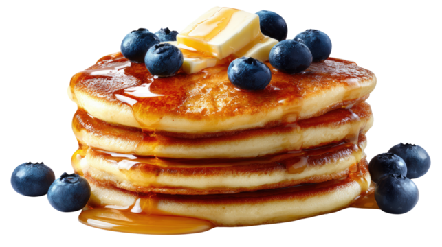Golden Pancakes: A stack of fluffy, golden pancakes is adorned with plump blueberries, a pat of butter, and a drizzle of syrup. This image captures the essence of a delectable breakfast.