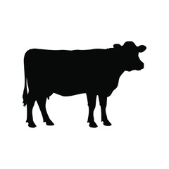 Black silhouette of a standing cow isolated on white background