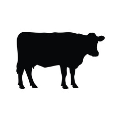 Black silhouette of a cow standing facing left isolated on white background