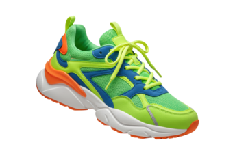 Isolated Vibrant Neon Green and Blue Athletic Sneakers with Orange Accents, Perfect for Modern Style