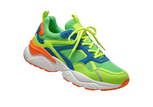 Isolated Vibrant Neon Green and Blue Athletic Sneakers with Orange Accents, Perfect for Modern Style