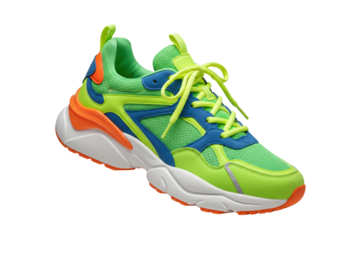 Isolated Vibrant Neon Green and Blue Athletic Sneakers with Orange Accents, Perfect for Modern Style