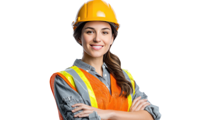 Female Builder Confident Pose: An inspiring depiction of a female construction worker standing confidently, radiating professionalism, with a bright smile as she symbolizes modern female empowerment.