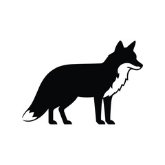 Silhouette of a black fox with white markings standing alert isolated on white background