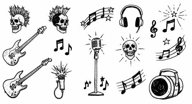 HandDrawn Rock and Roll Icons Skulls Guitars Music Notes and More.
