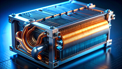 Fuel Cell Energy: A detailed view of a high-tech fuel cell, the heart of future energy systems, with copper pipes and intricate components. The image showcases innovation in green energy.