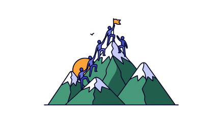 Teamwork and perseverance concept featuring people climbing a mountain with flag reaching the summit illustrating leadership and success