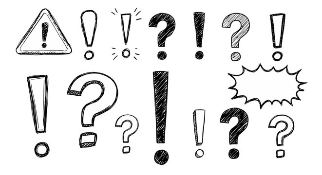 Handdrawn Sketchy Black Exclamation Question Marks Warning Sign Speech Bubble Set.