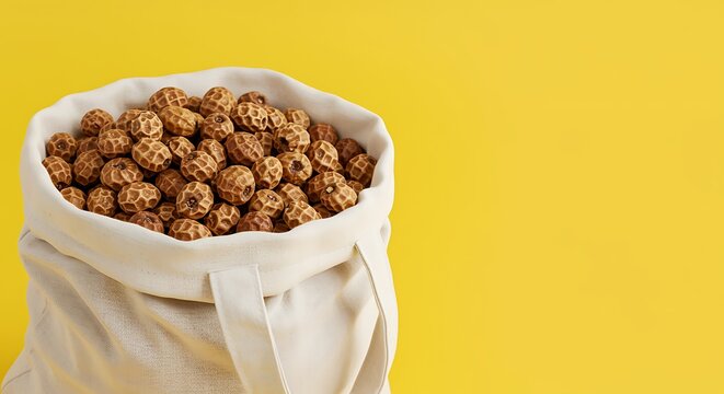 A bag full of tiger nuts against a bright yellow background with copy space on the right side