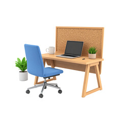 Nobody works on a laptop at an empty office desk with a chair and monitor