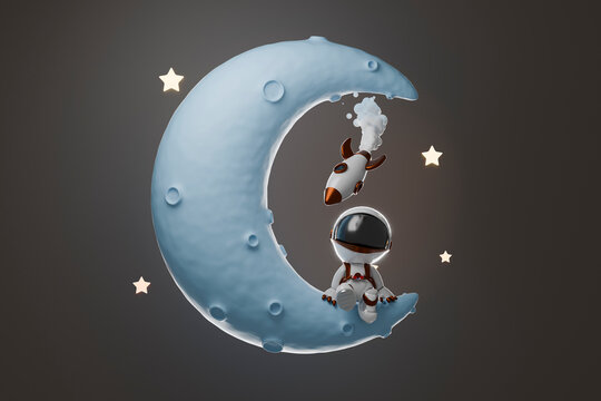 3d cartoon astronaut and rocket exploring moon and stars in space