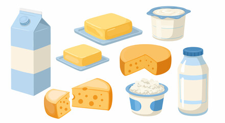 Isometric cartoon dairy products milk butter cheese yogurt and cottage cheese collection.