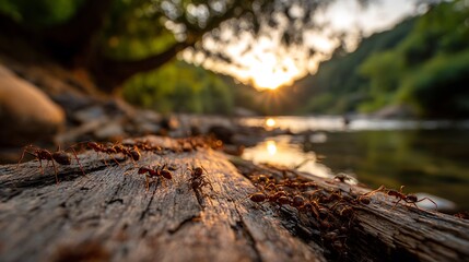 Fototapeta premium Group of ants building bridge over stream using wood during golden hour light