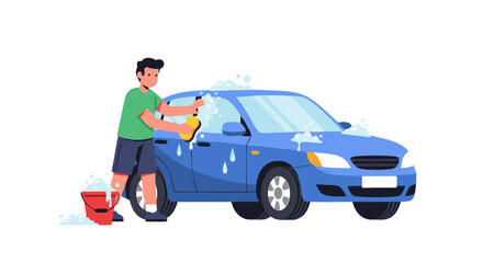 Enthusiastic man diligently washing his blue car with a soapy sponge for pristine cleanliness and shine