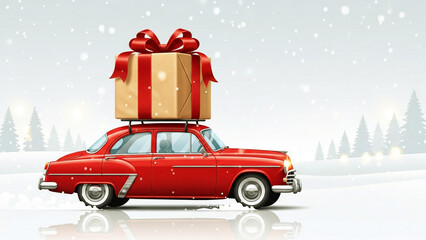 Red retro  car with Gift Box  on the top. Merry Christmas and Happy New Year Concept