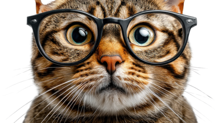 Intelligent Cat: An endearing tabby cat, sporting a pair of glasses, gazes directly at the viewer, blending intelligence and charm in this close-up portrait.