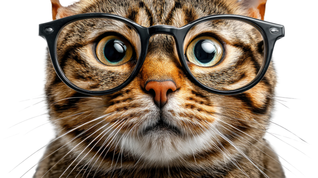 Intelligent Cat: An endearing tabby cat, sporting a pair of glasses, gazes directly at the viewer, blending intelligence and charm in this close-up portrait.