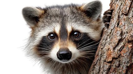 Curious Raccoon: A captivating portrait of a curious raccoon peeking from behind a textured tree, its expressive eyes conveying intelligence and mischief.