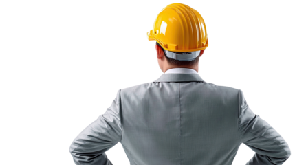 Engineer's Vision: A sharply dressed engineer stands proudly, adorned in a yellow hardhat, looking ahead with purpose, showcasing his dedication to the project.