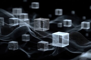 Minimal data flow map with subtle binary trails, fading in and out of a soft dark background