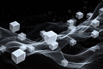 Minimal data flow map with subtle binary trails, fading in and out of a soft dark background