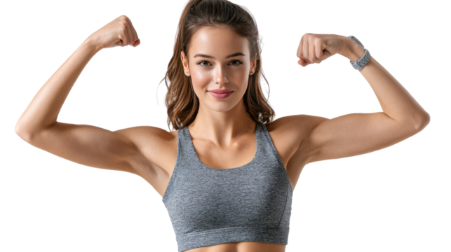Embracing Strength and Confidence: A determined woman flexes her muscles, embodying health, fitness, and unwavering self-assurance, radiating strength, beauty, and well-being.