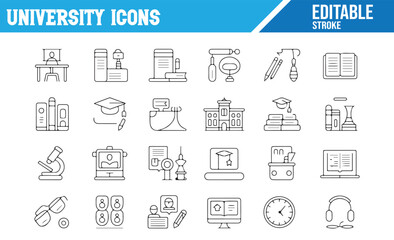 Academic Line Art Icons with Books, Microscope, and Graduation Cap